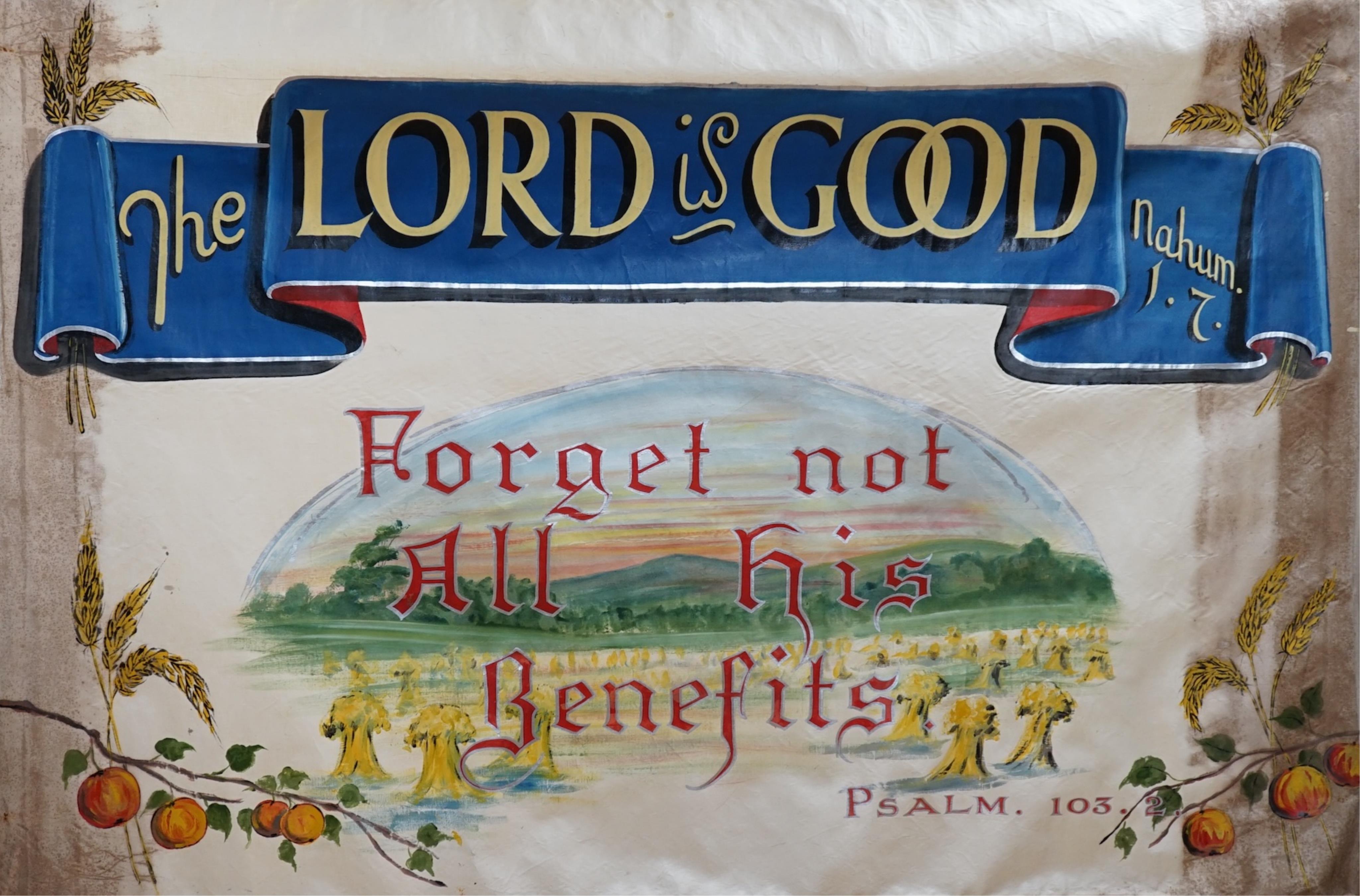 A large hand painted Baptist Revival banner, probably American, 135cm high. Condition - fair